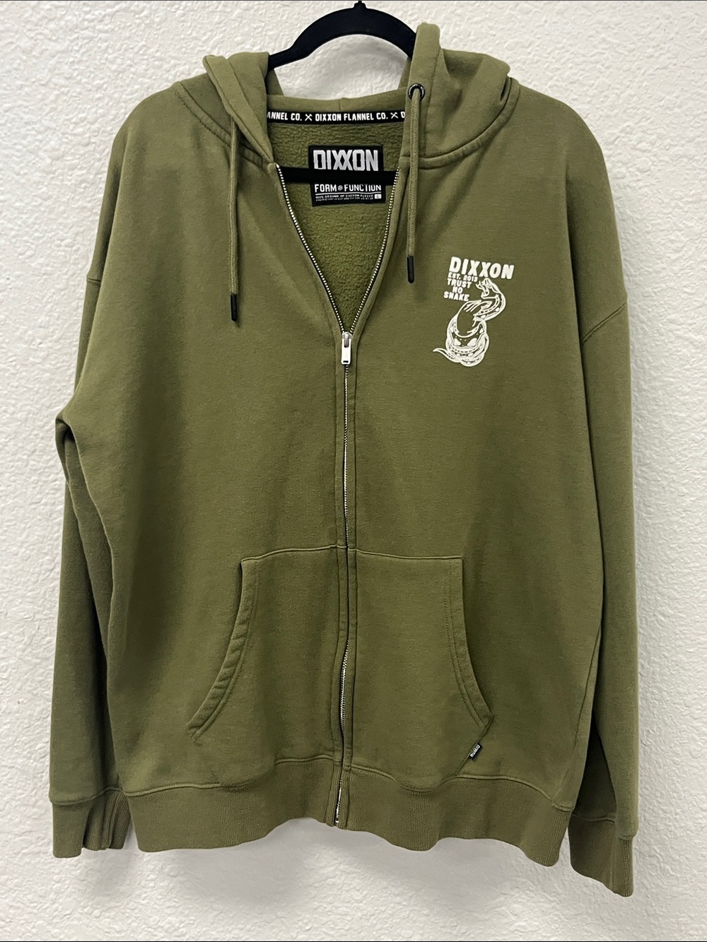 DIXXON “Trust No Snake”Olive Green Full-Zip Hoodie with Chest Graphic #1102